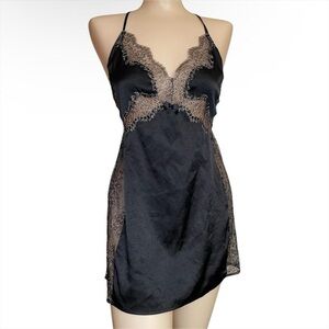 Victoria's Secret Black Satin Chemise with Lace Detail
